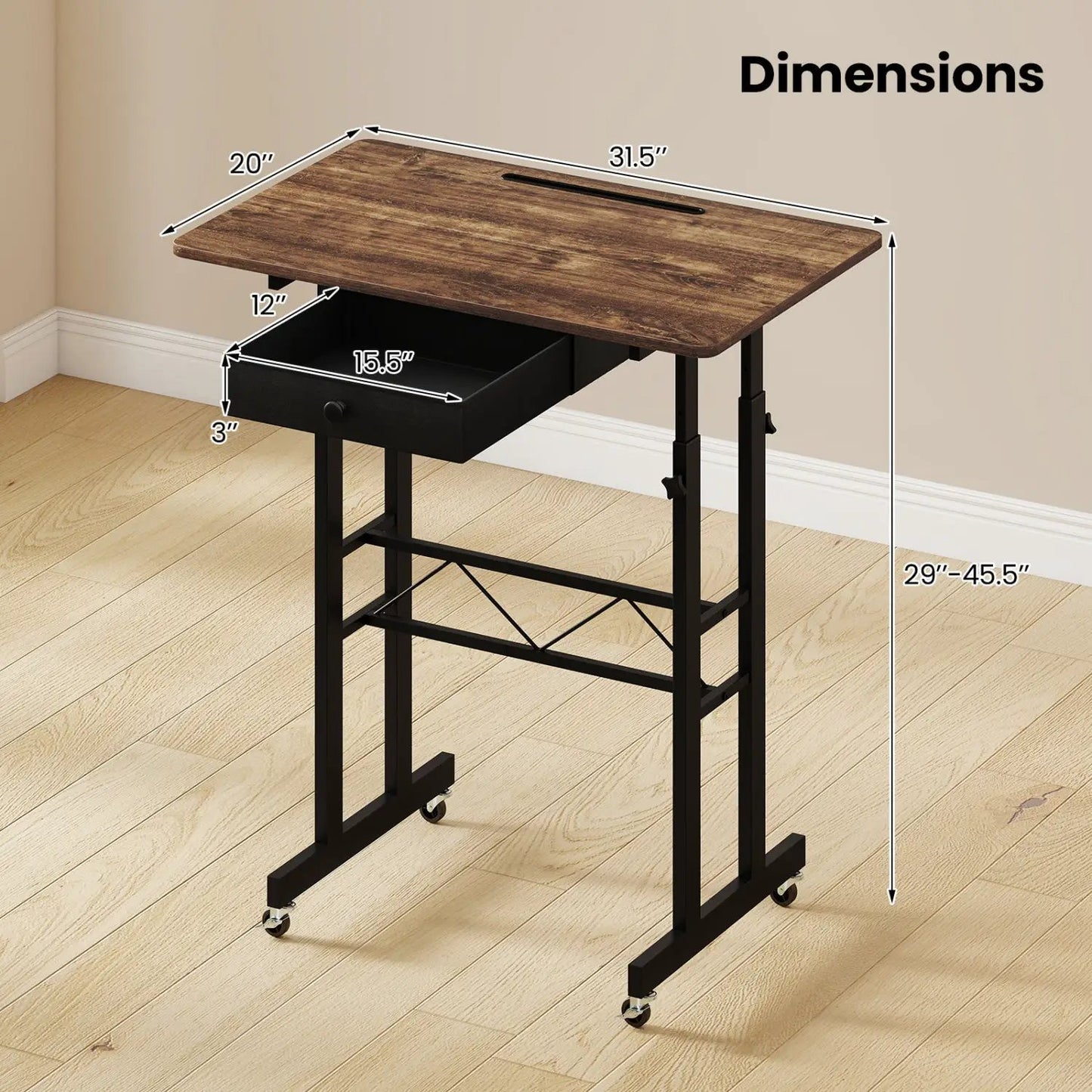 Height Adjustable Desk with Wheels and Drawer