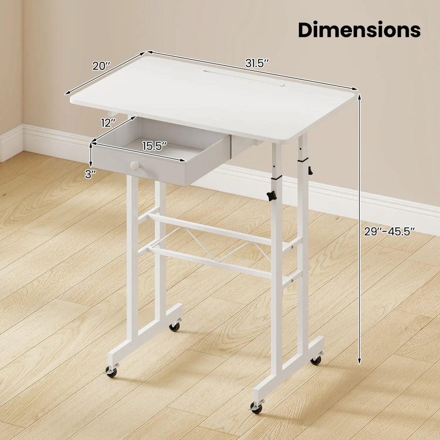 Height Adjustable Desk with Wheels and Drawer