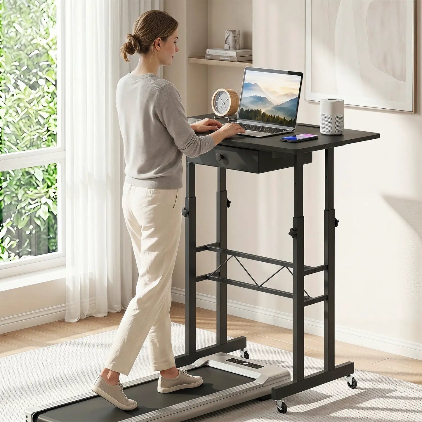 Height Adjustable Desk with Wheels and Drawer