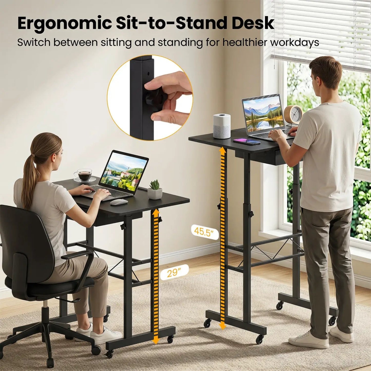 Height Adjustable Desk with Wheels and Drawer