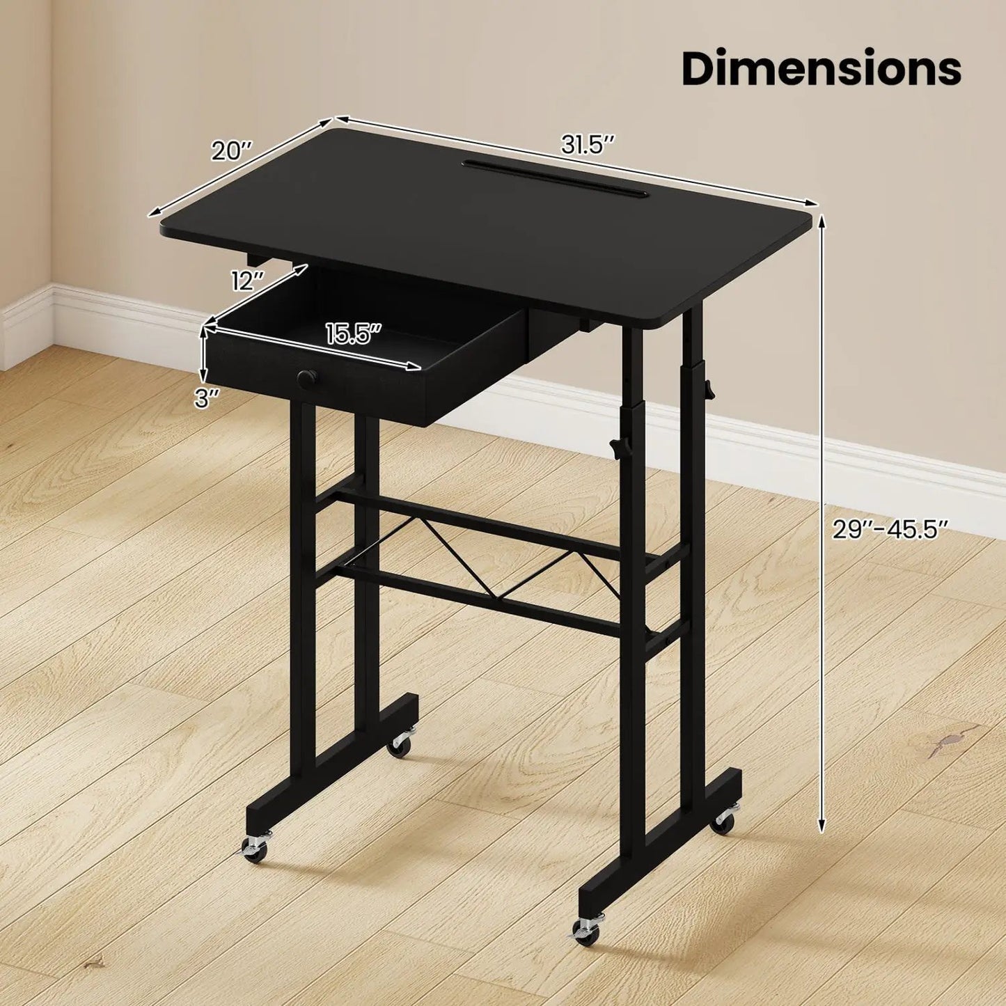 Height Adjustable Desk with Wheels and Drawer