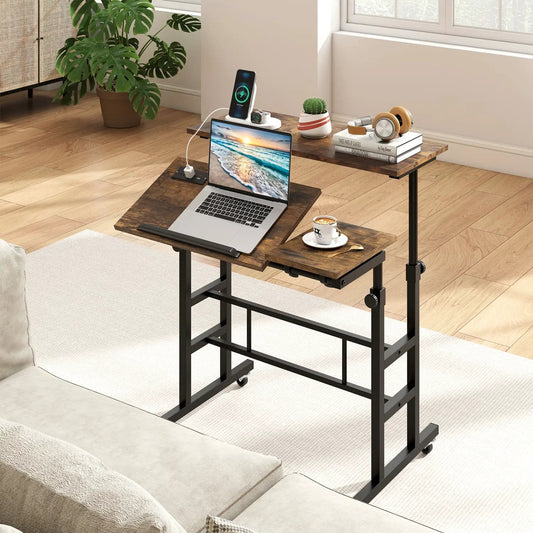 Mobile standing desk by DirectDeals adjustable height and power outlets, wood top on metal frame on Tampa Home & Garden Store