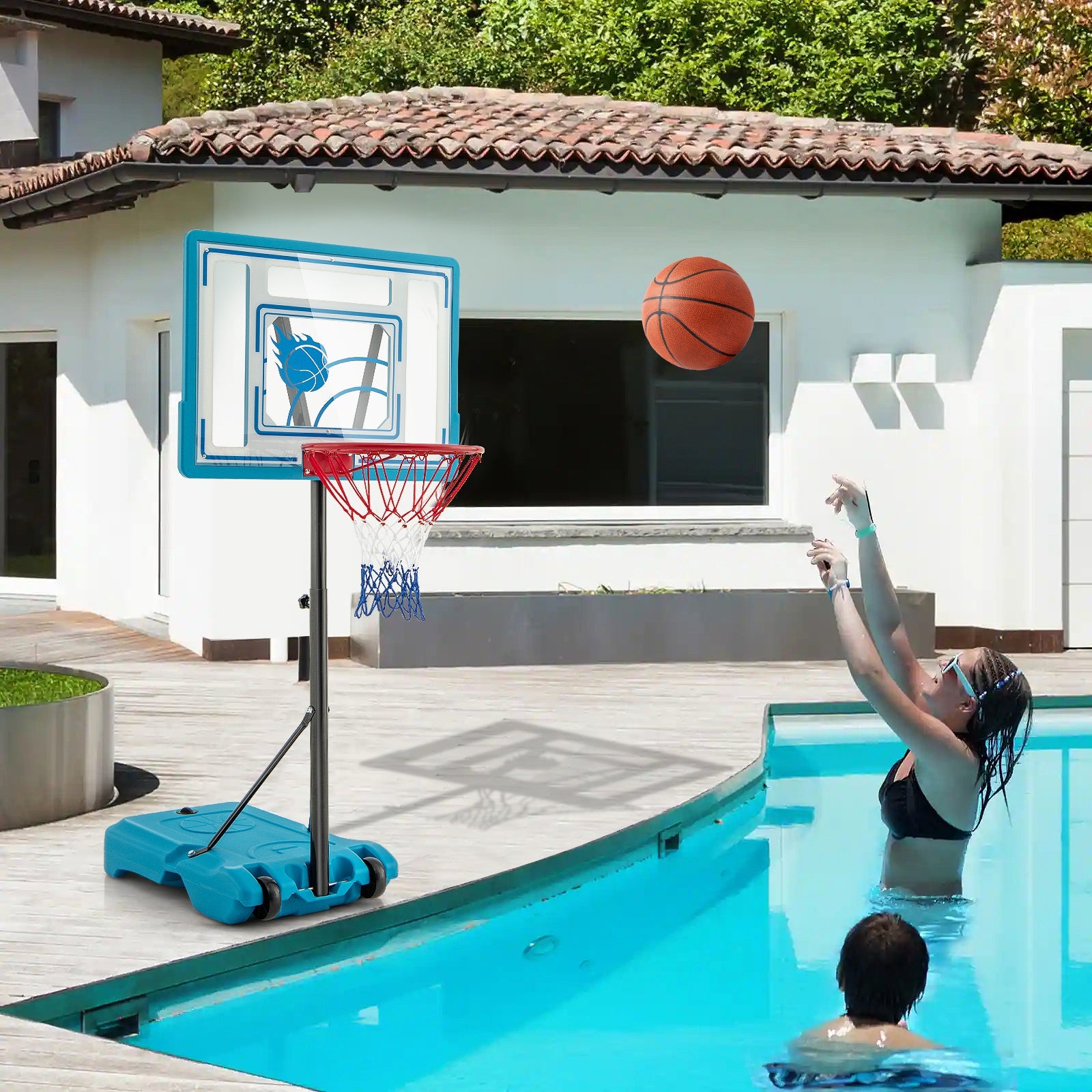3.8-4.4 Feet Height Adjustable Pool Basketball Hoop for Kids Teens and Adults-Blue - Tampa Home & Garden Store