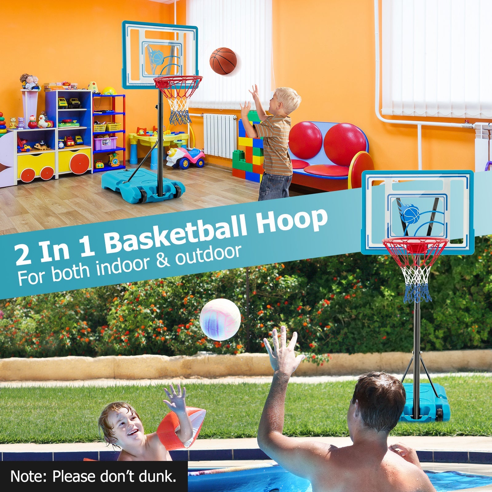 3.8-4.4 Feet Height Adjustable Pool Basketball Hoop for Kids Teens and Adults-Blue - Tampa Home & Garden Store