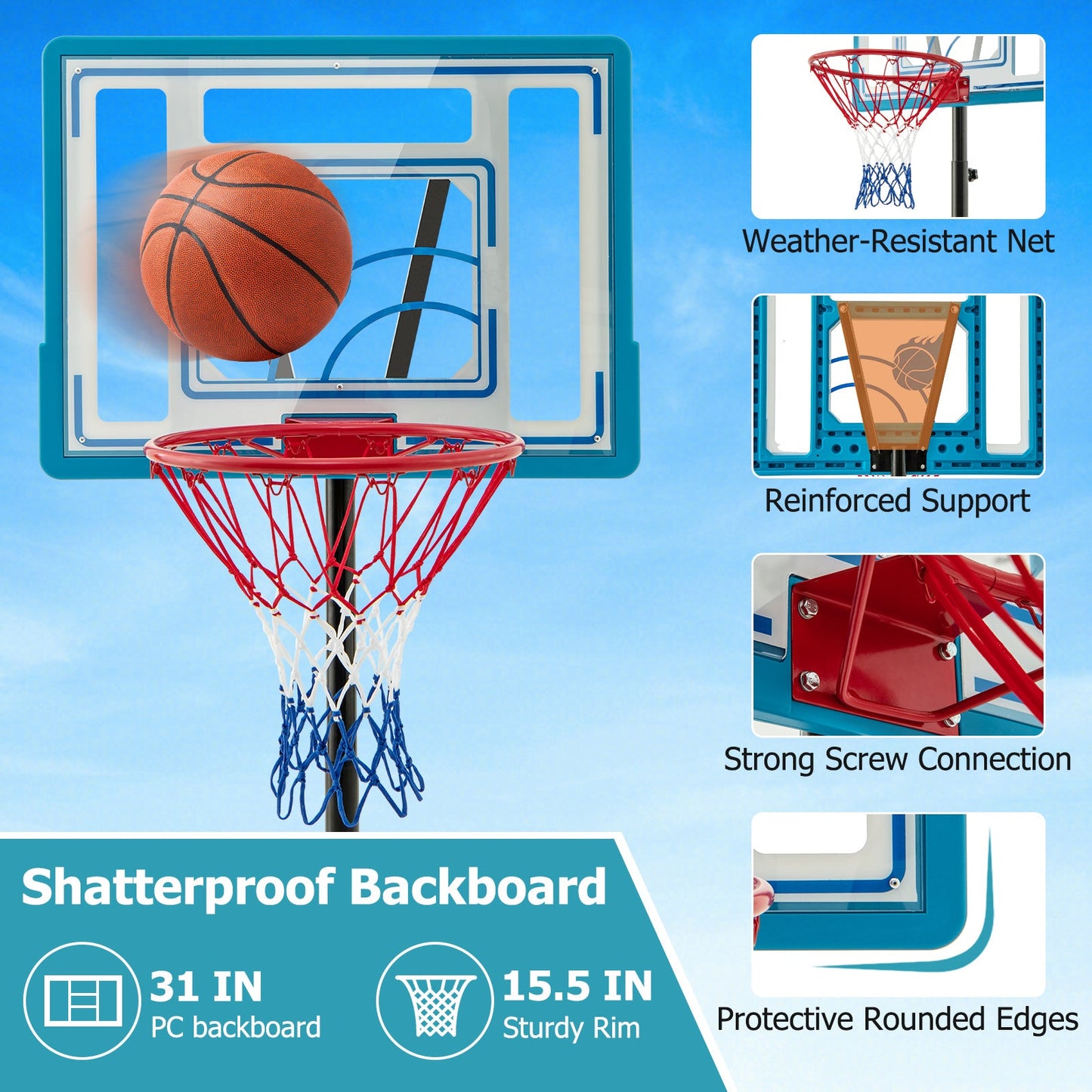 3.8-4.4 Feet Height Adjustable Pool Basketball Hoop for Kids Teens and Adults-Blue - Tampa Home & Garden Store