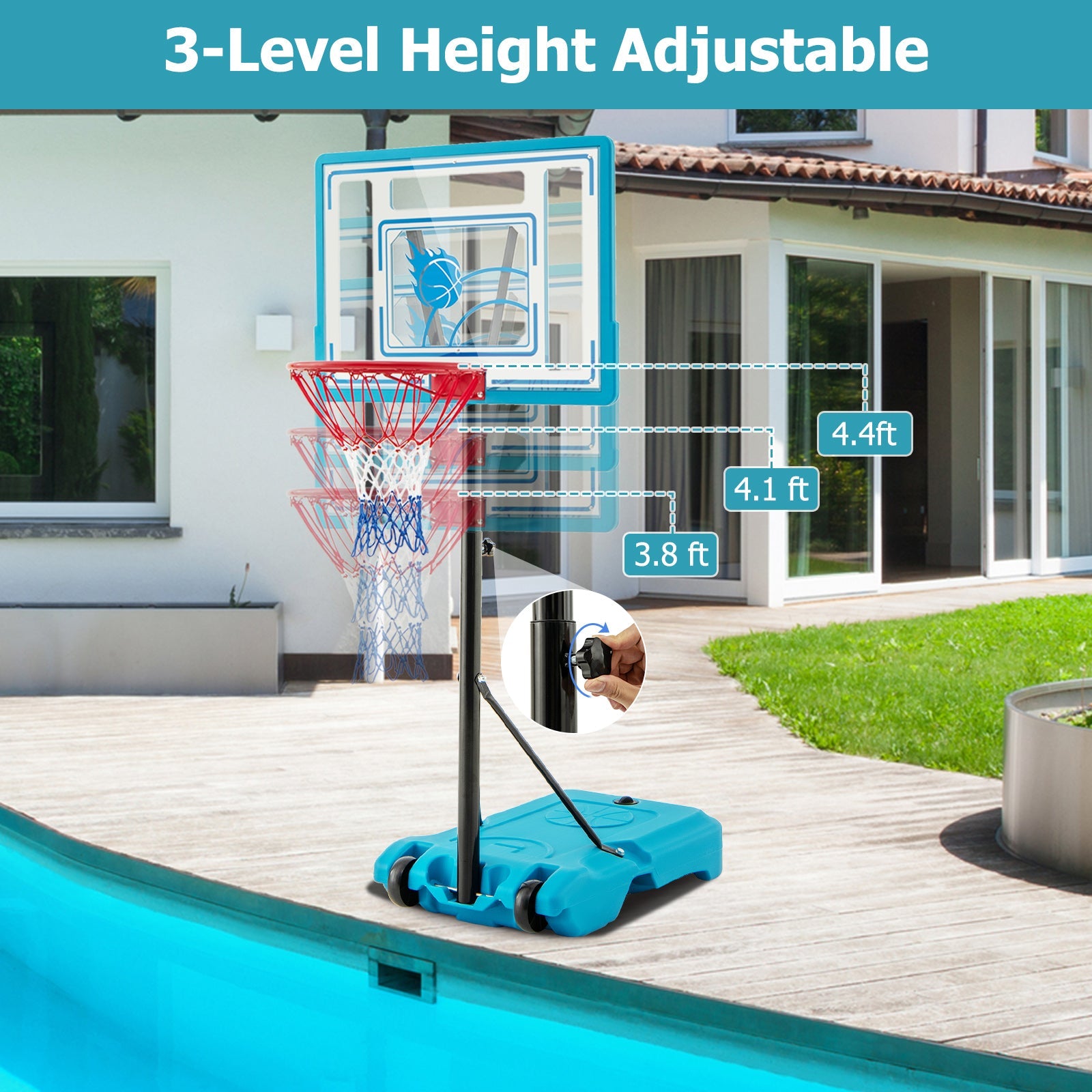 3.8-4.4 Feet Height Adjustable Pool Basketball Hoop for Kids Teens and Adults-Blue - Tampa Home & Garden Store