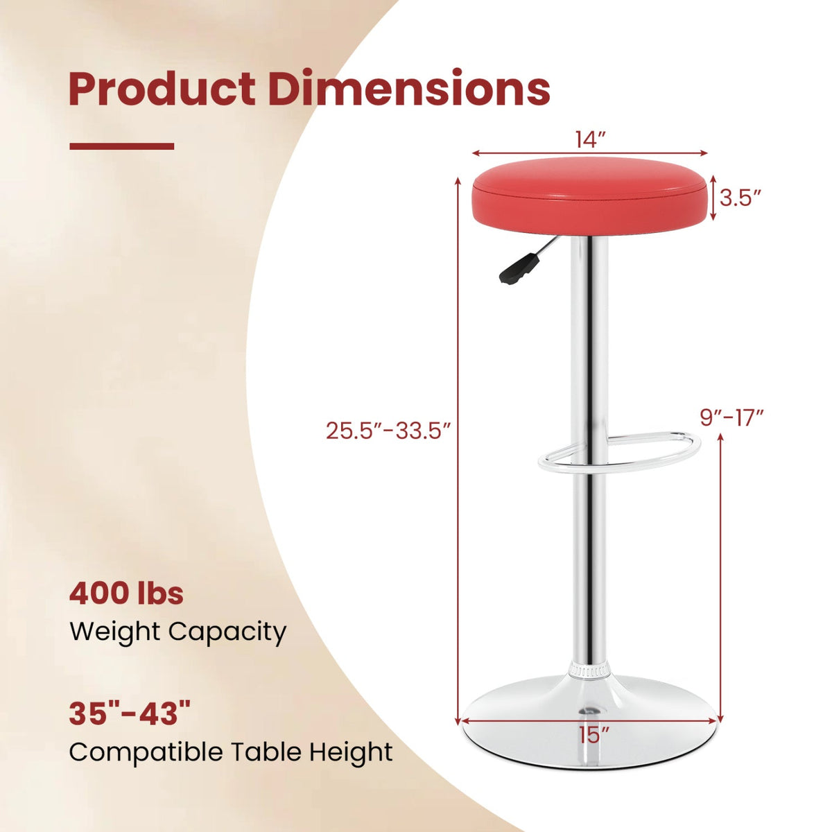 Adjustable swivel bar stool with footrest, red round seat, chrome base, 400 lb capacity on Tampa Home & Garden Store