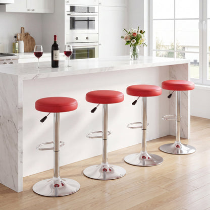 Adjustable swivel bar stools with footrests in red seats and chrome bases, set of four at island on Tampa Home & Garden Store