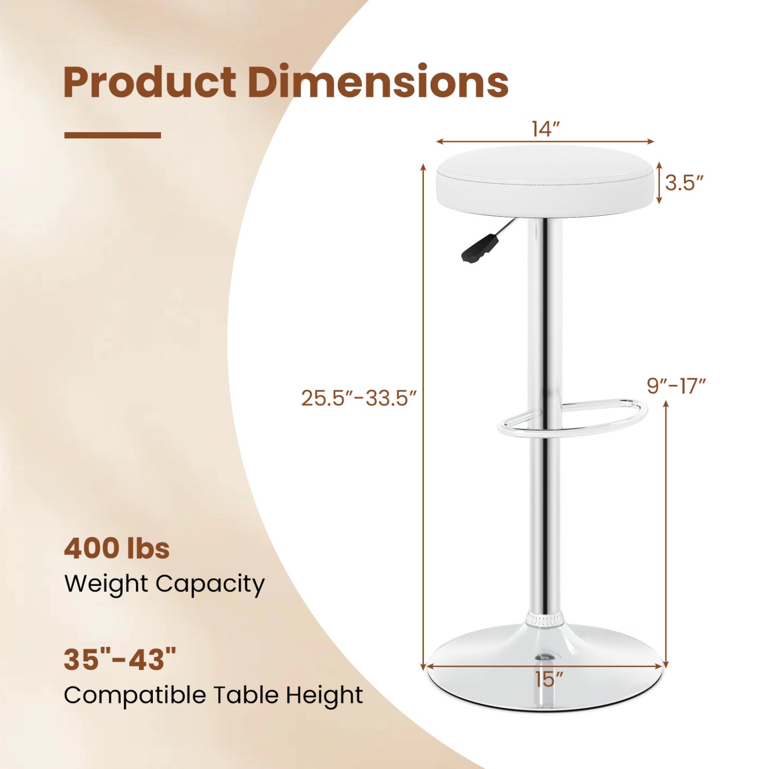 Bar Stool DirectDeals adjustable swivel footrest 14in seat 25.5–33.5in height 400 lb capacity on Tampa Home & Garden Store