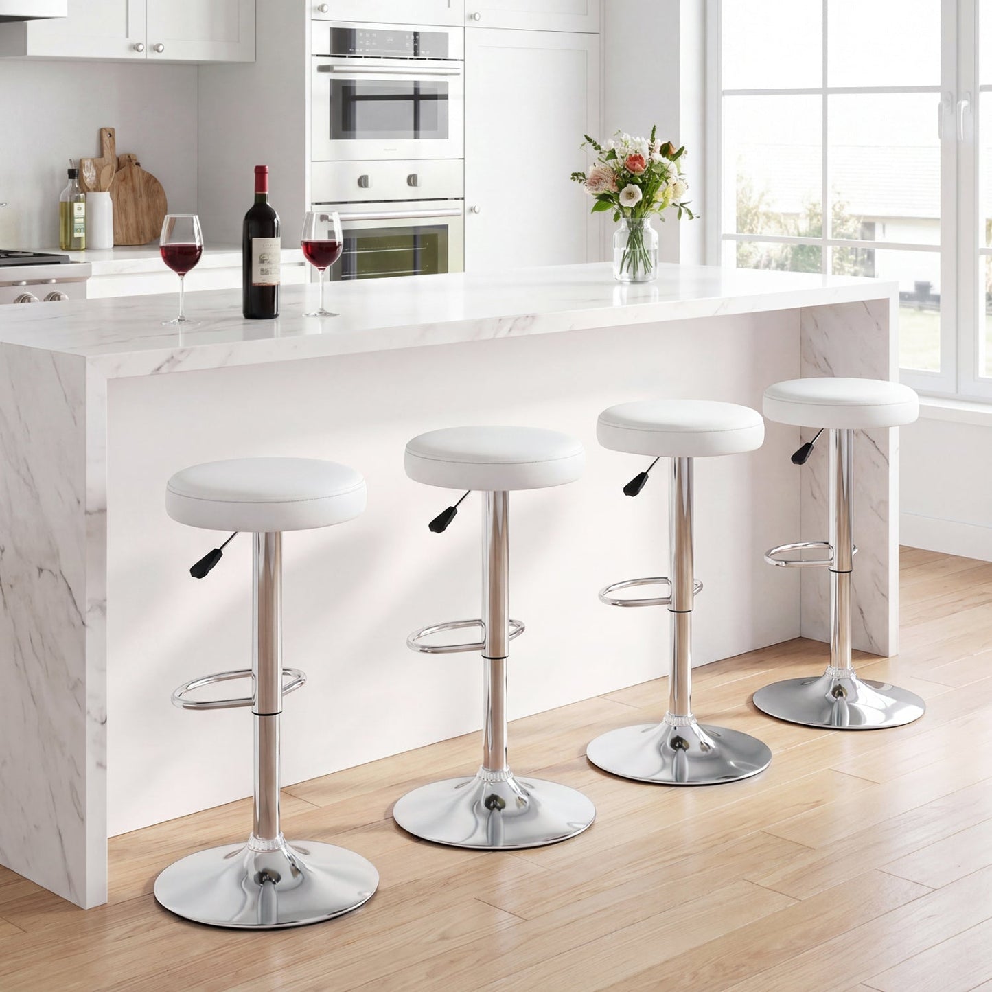 DirectDeals adjustable swivel bar stools with footrests, white upholstery and chrome pedestals on Tampa Home & Garden Store
