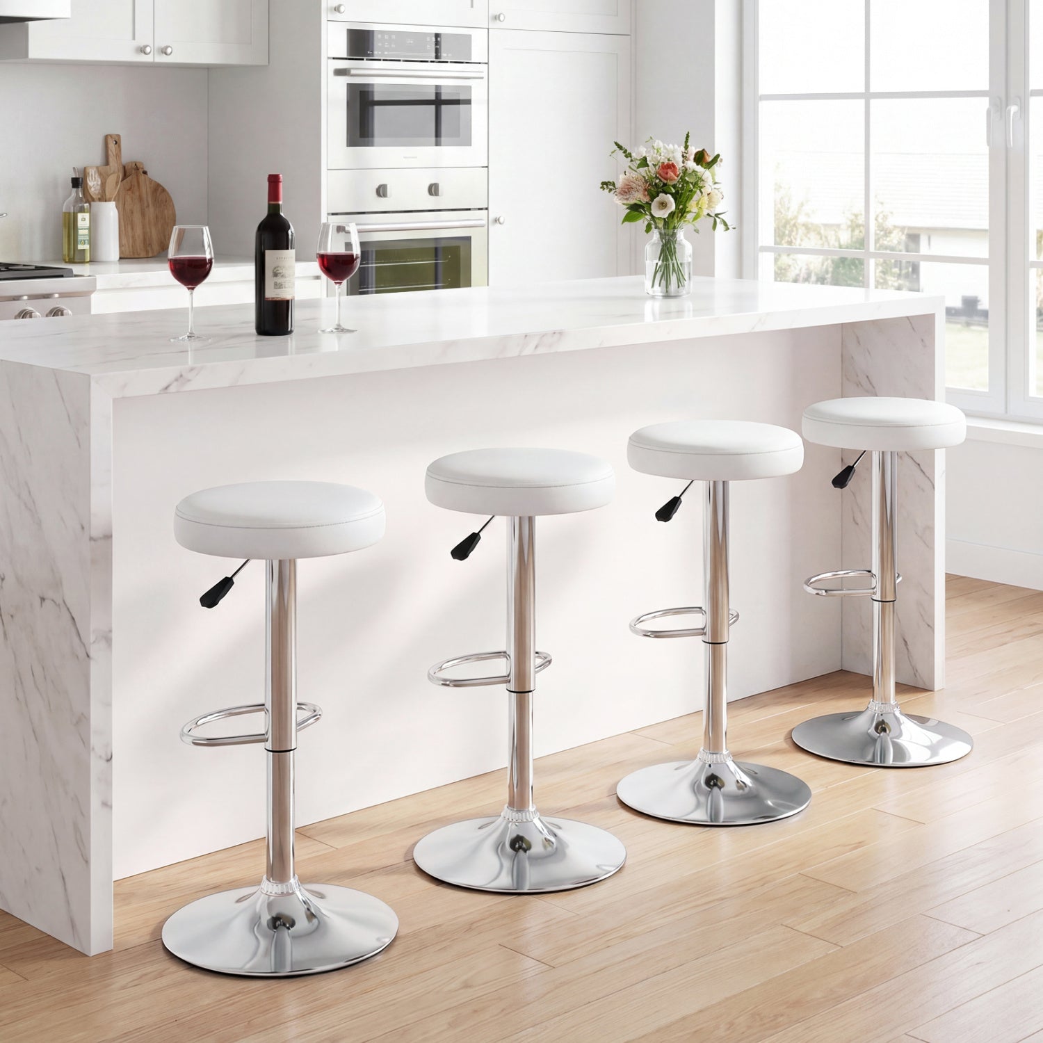 DirectDeals adjustable swivel bar stools with footrests, white upholstery and chrome pedestals on Tampa Home & Garden Store