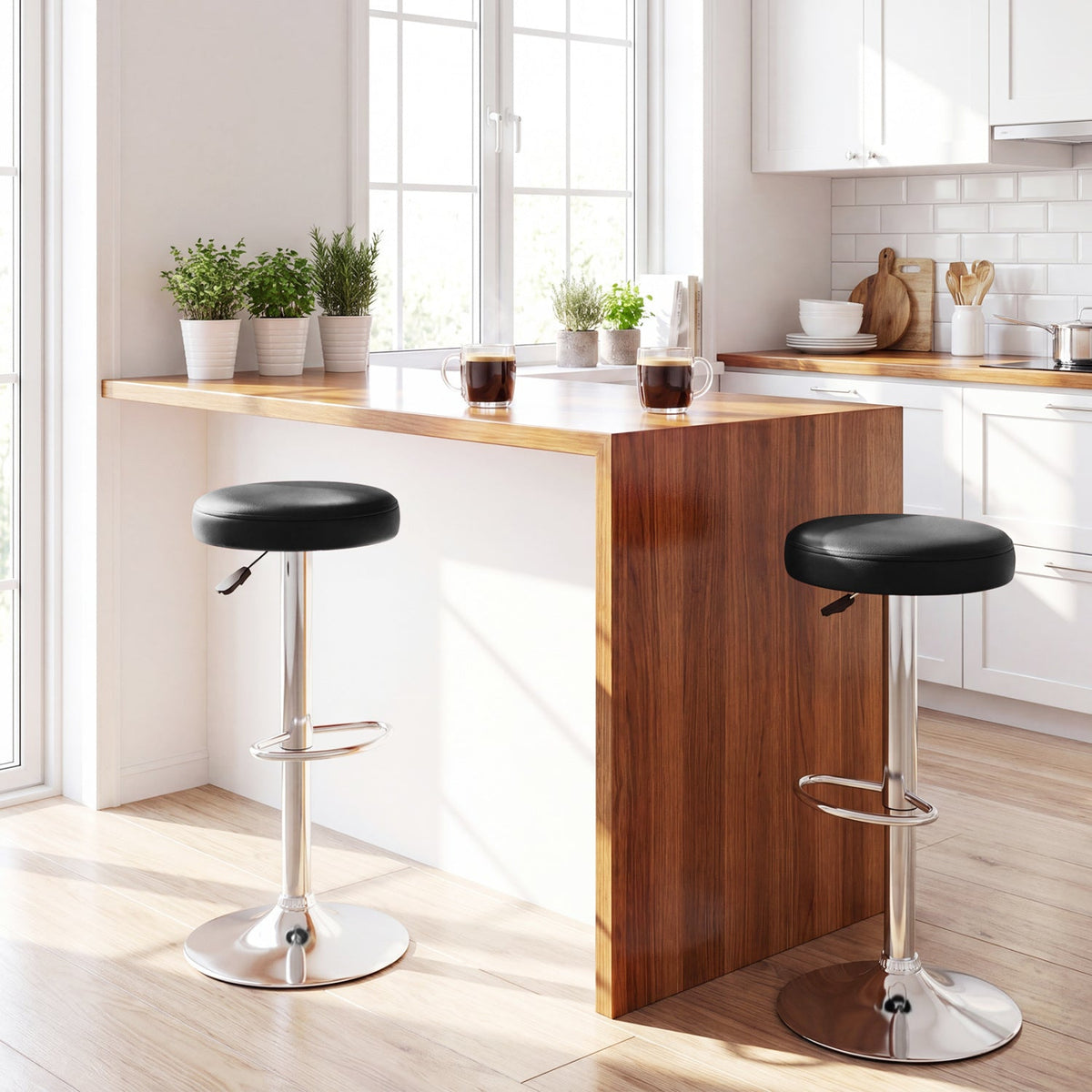 Adjustable swivel bar stool with footrest, black cushioned seat, chrome pedestal base, set of 2 on Tampa Home & Garden Store