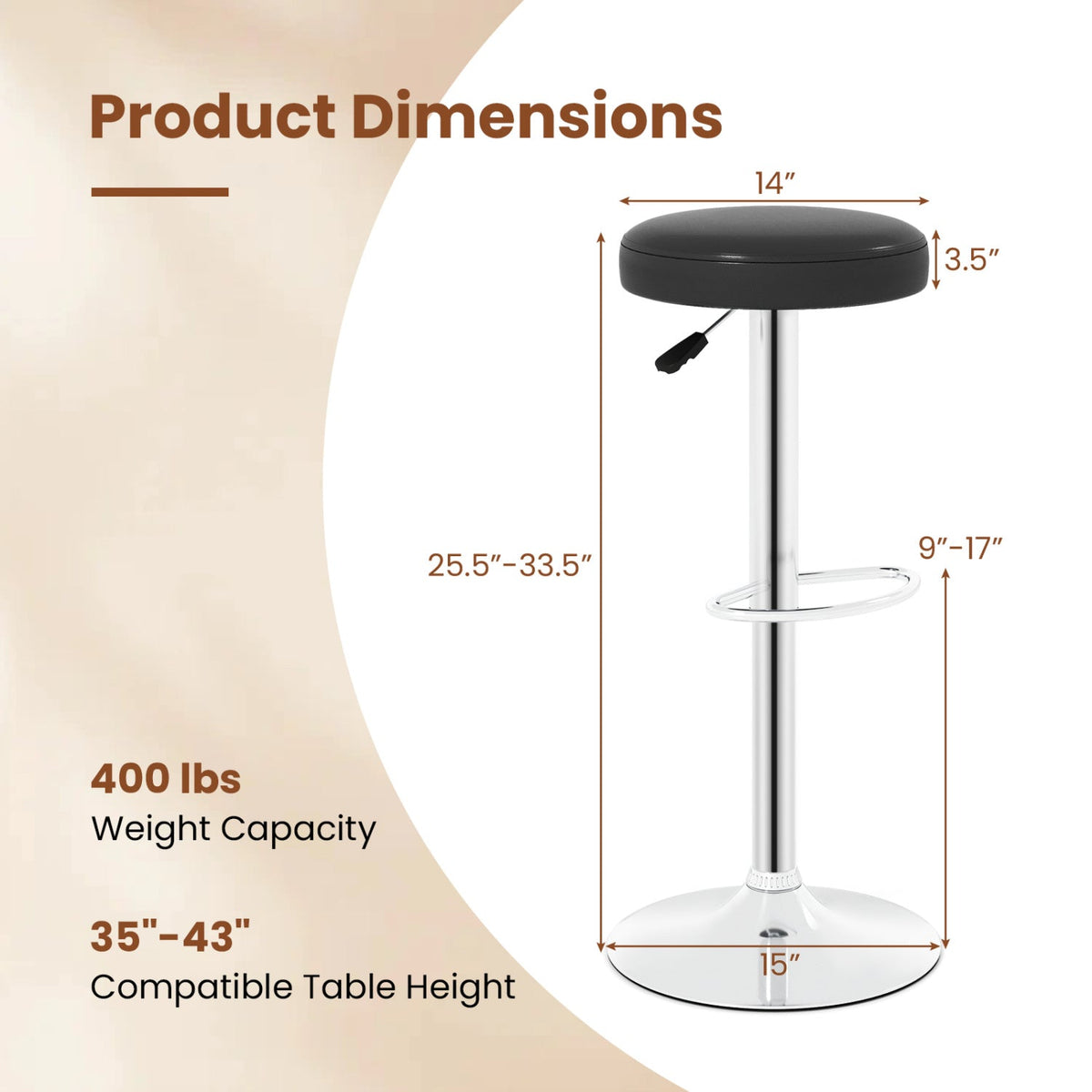 Adjustable swivel bar stool with footrest; black cushioned seat, chrome pedestal, 400 capacity on Tampa Home & Garden Store
