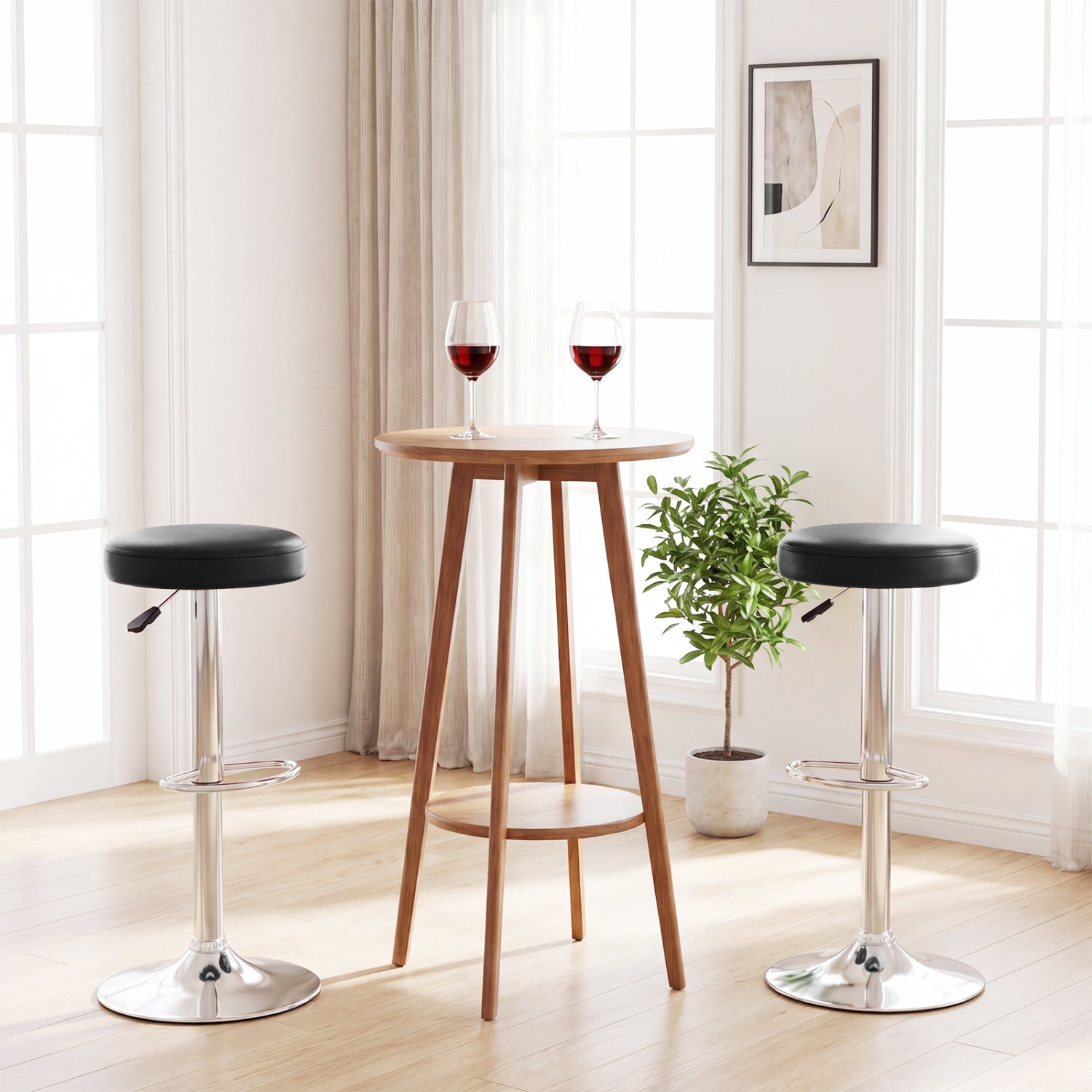 Adjustable Swivel Bar Stool with Footrest, black cushioned seat on chrome base; set of 2 on Tampa Home & Garden Store