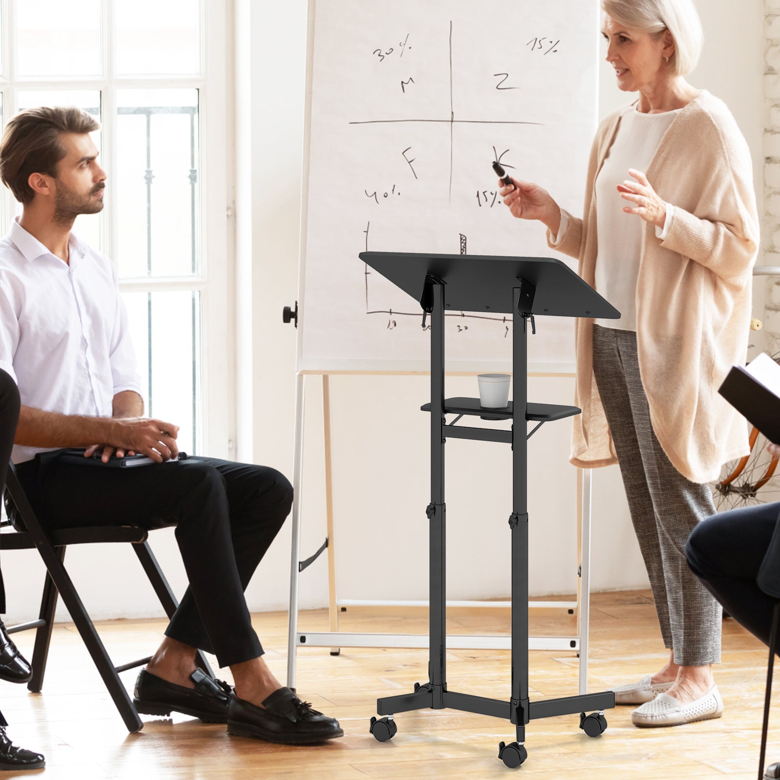 Mobile lectern podium with tilting top on a height-adjustable rolling laptop cart on Tampa Home & Garden Store