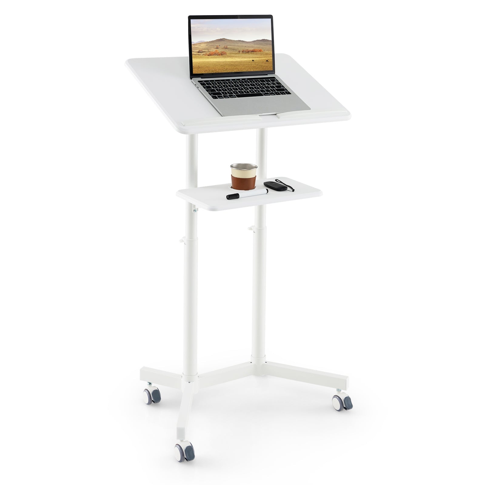 Mobile lectern cart with tilting laptop surface and lower storage tray, white DirectDeals on Tampa Home & Garden Store