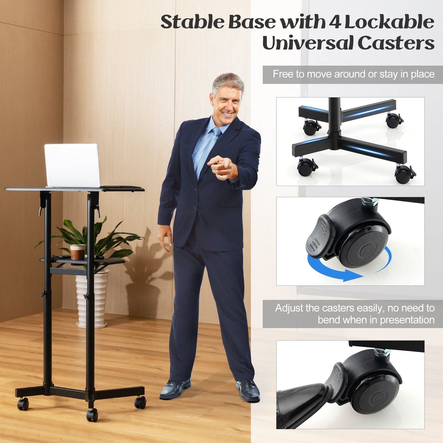 Mobile lectern cart DirectDeals with height-adjustable tilting laptop top on 4 lockable casters on Tampa Home & Garden Store