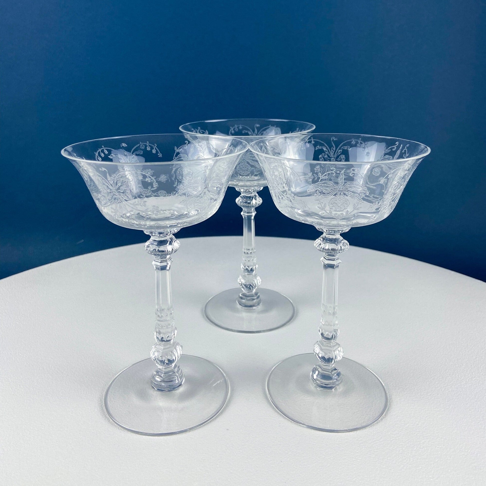 Heisey Champagne Stemware. Set of 6 Orchid Pattern Etched Crystal Glasses. Home Gift. Dining Room Decor. Collectible Glassware. - Tampa Home & Garden Store