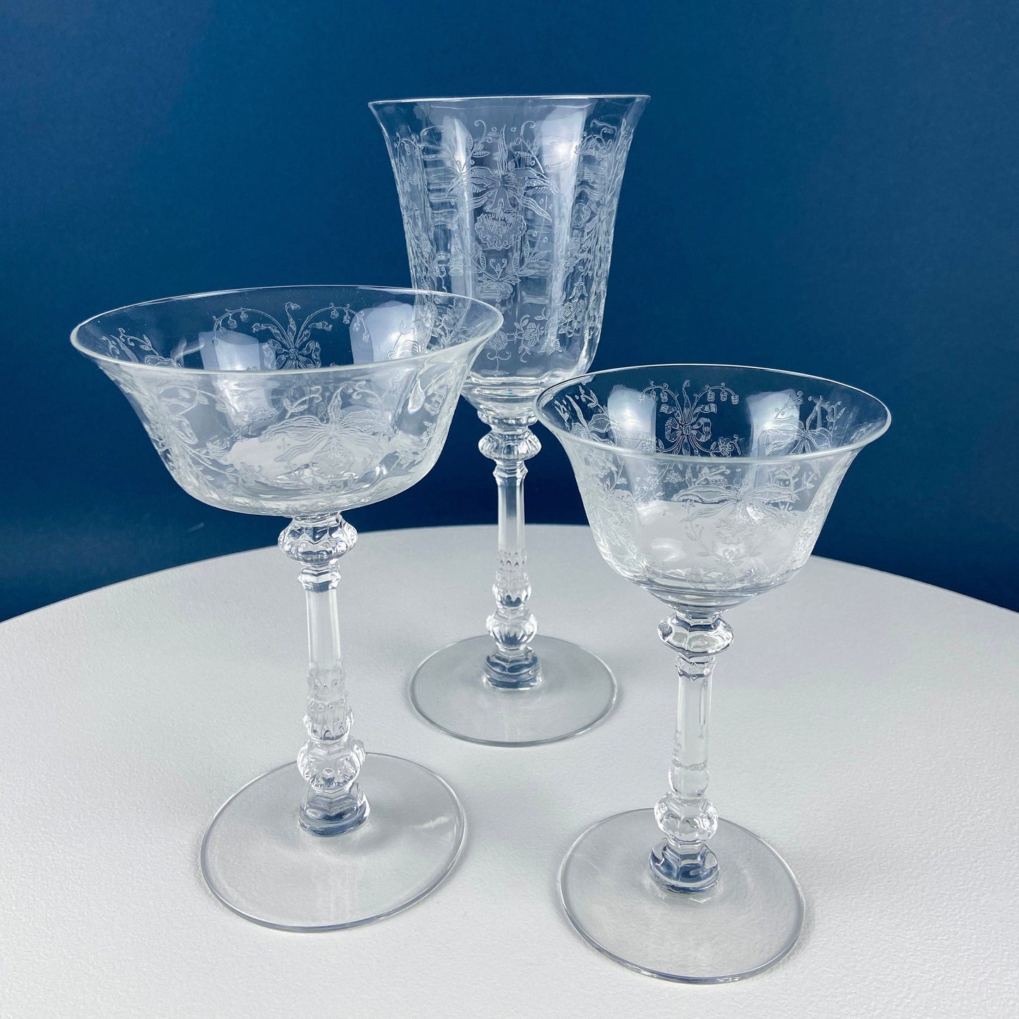 Heisey Champagne Stemware. Set of 6 Orchid Pattern Etched Crystal Glasses. Home Gift. Dining Room Decor. Collectible Glassware. - Tampa Home & Garden Store