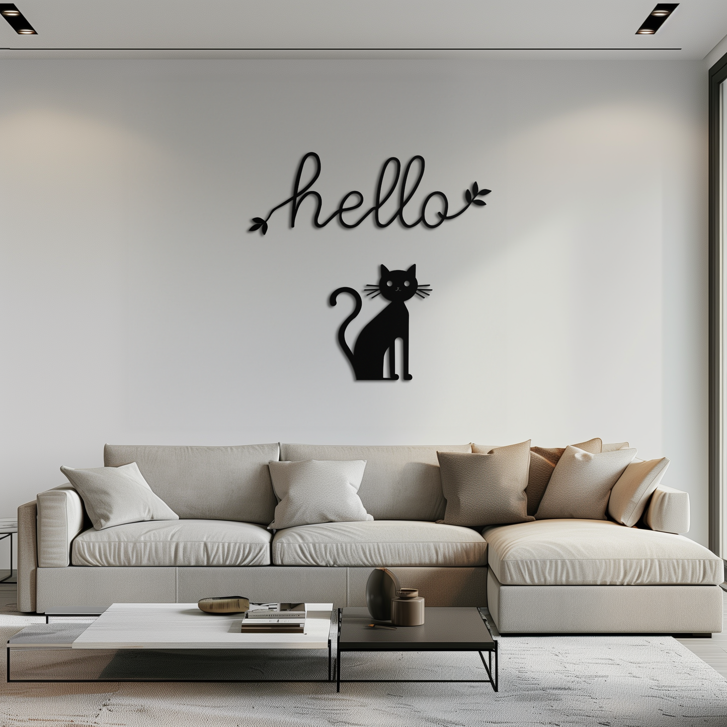 Hello Cat Metal Wall Art – Whimsical Welcome Sign with Cat Silhouette for Entryway or Living Room- KAF352 - Tampa Home & Garden Store
