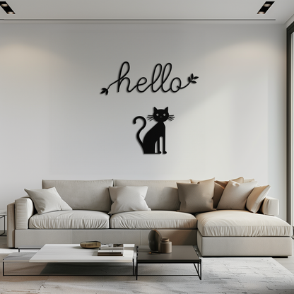 Hello Cat Metal Wall Art – Whimsical Welcome Sign with Cat Silhouette for Entryway or Living Room- KAF352 - Tampa Home & Garden Store