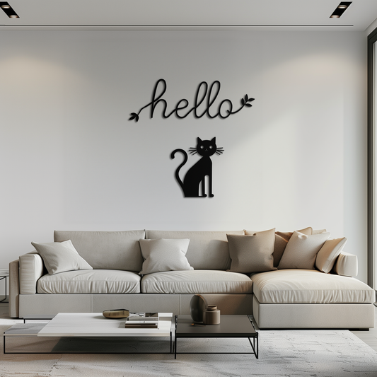 Hello Cat Metal Wall Art – Whimsical Welcome Sign with Cat Silhouette for Entryway or Living Room- KAF352 - Tampa Home & Garden Store