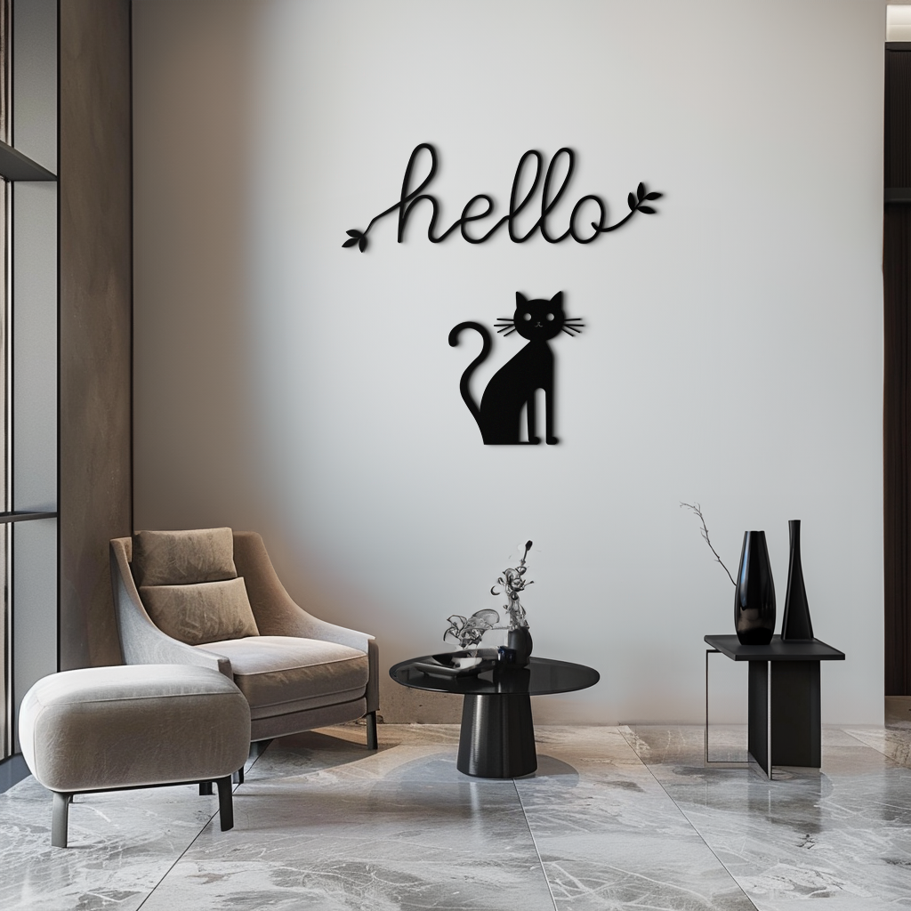 Hello Cat Metal Wall Art – Whimsical Welcome Sign with Cat Silhouette for Entryway or Living Room- KAF352 - Tampa Home & Garden Store