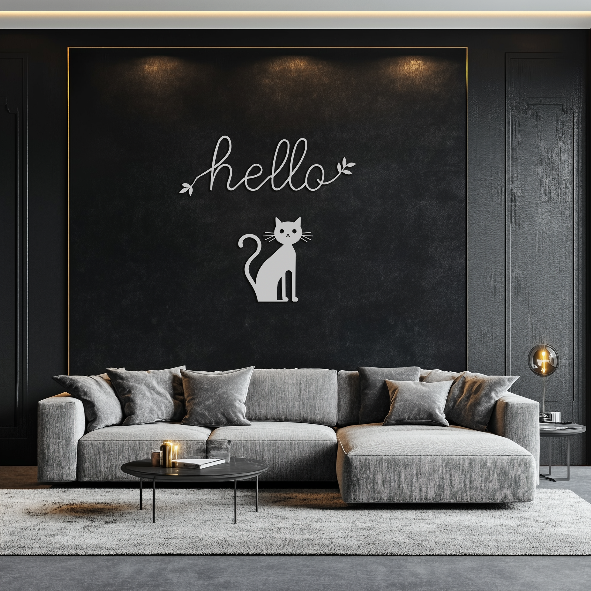 Hello Cat Metal Wall Art – Whimsical Welcome Sign with Cat Silhouette for Entryway or Living Room- KAF352 - Tampa Home & Garden Store