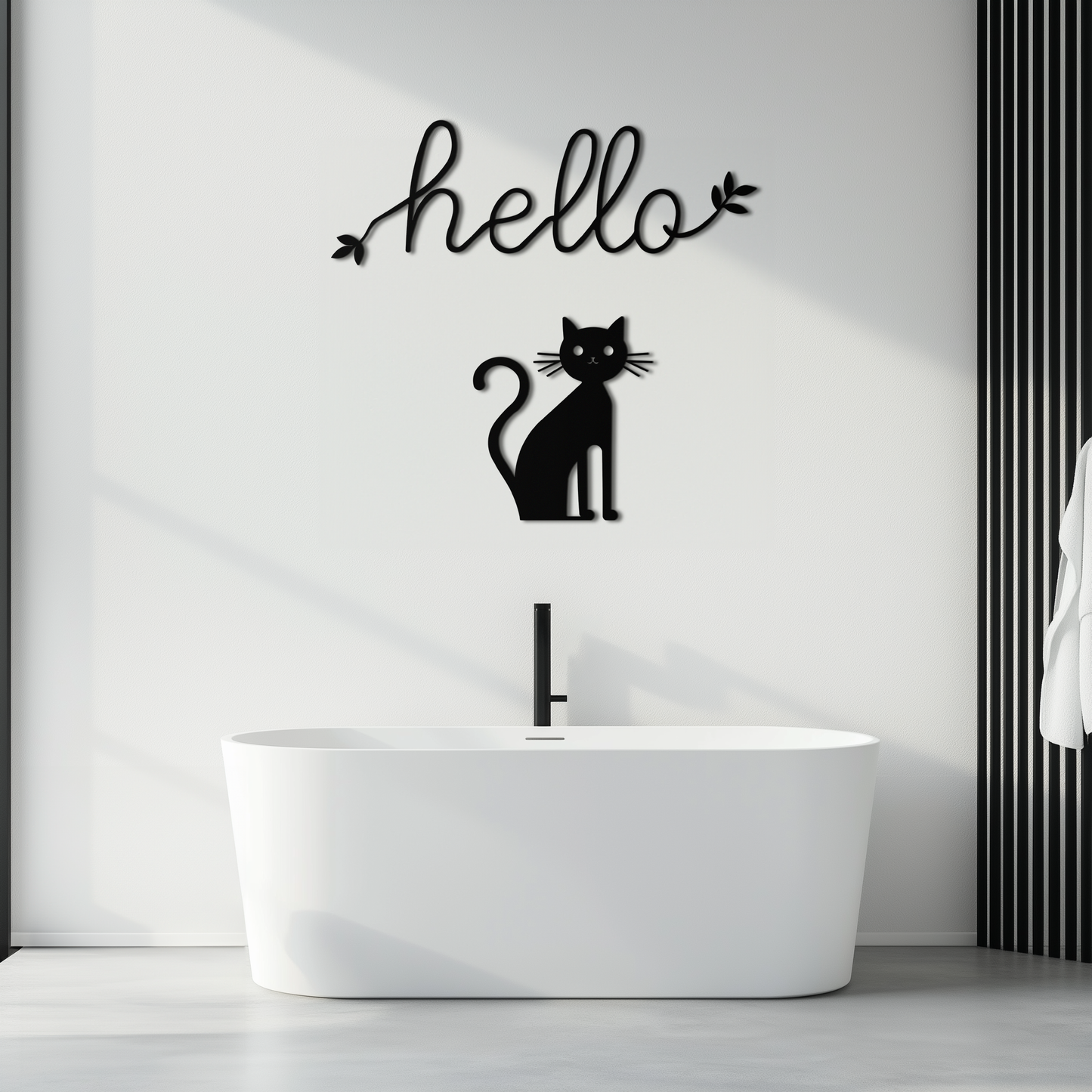 Hello Cat Metal Wall Art – Whimsical Welcome Sign with Cat Silhouette for Entryway or Living Room- KAF352 - Tampa Home & Garden Store
