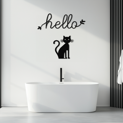 Hello Cat Metal Wall Art – Whimsical Welcome Sign with Cat Silhouette for Entryway or Living Room- KAF352 - Tampa Home & Garden Store