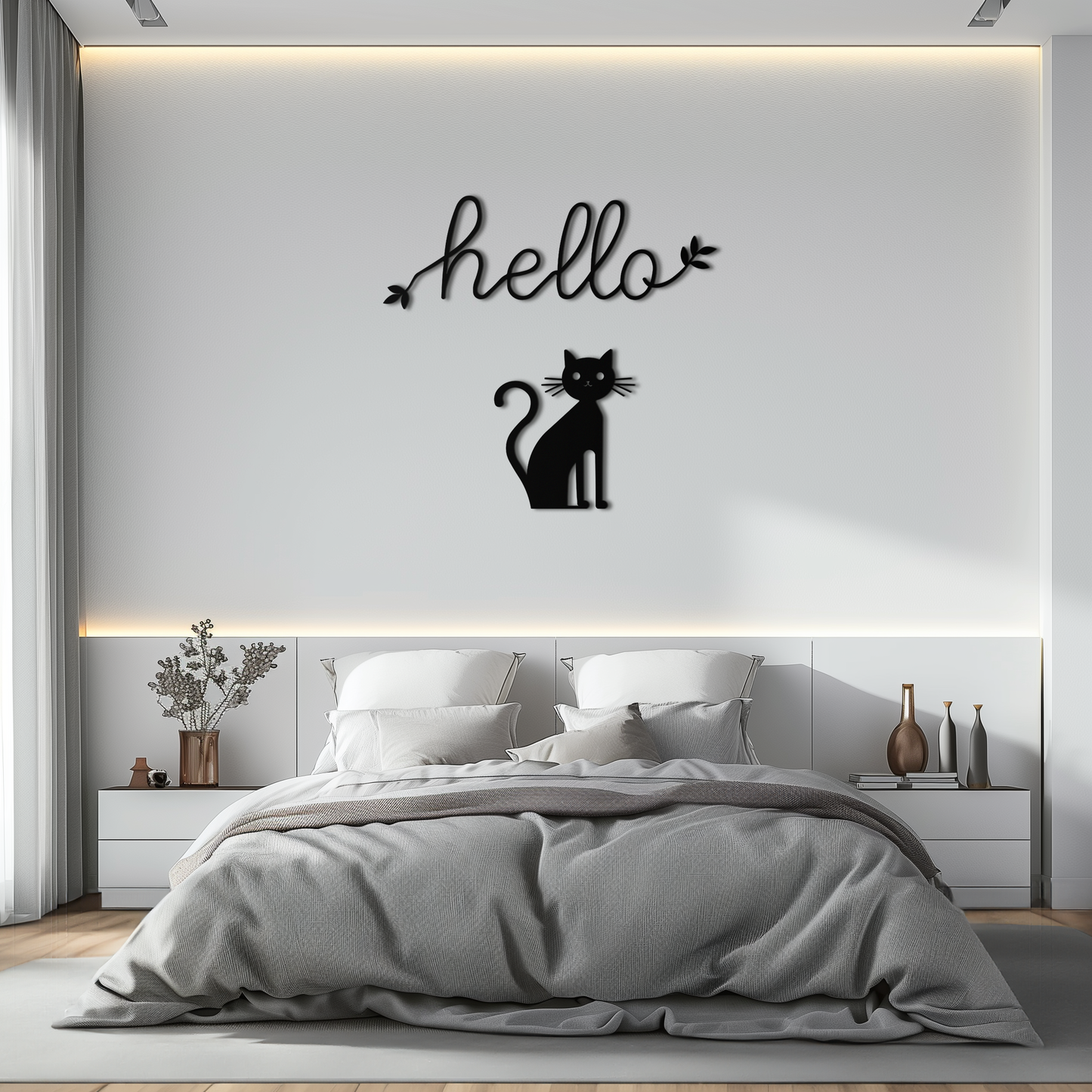 Hello Cat Metal Wall Art – Whimsical Welcome Sign with Cat Silhouette for Entryway or Living Room- KAF352 - Tampa Home & Garden Store