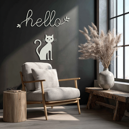 Hello Cat Metal Wall Art – Whimsical Welcome Sign with Cat Silhouette for Entryway or Living Room- KAF352 - Tampa Home & Garden Store