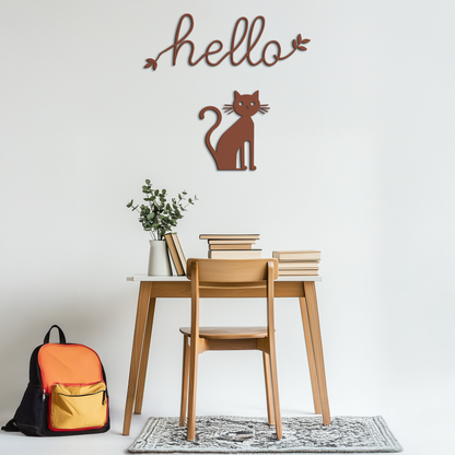 Hello Cat Metal Wall Art – Whimsical Welcome Sign with Cat Silhouette for Entryway or Living Room- KAF352 - Tampa Home & Garden Store