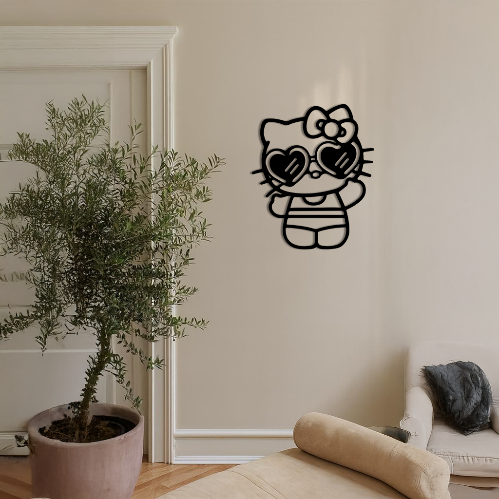 Hello Kitty Silhouette Metal Wall Art – Heart Glasses Cute Design - KAFGP036 - Tampa Home & Garden Store
