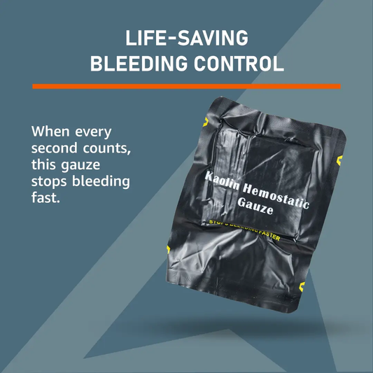 Kaolin Hemostatic Gauze packet by Emerge Survival in black pouch on Tampa Home & Garden Store