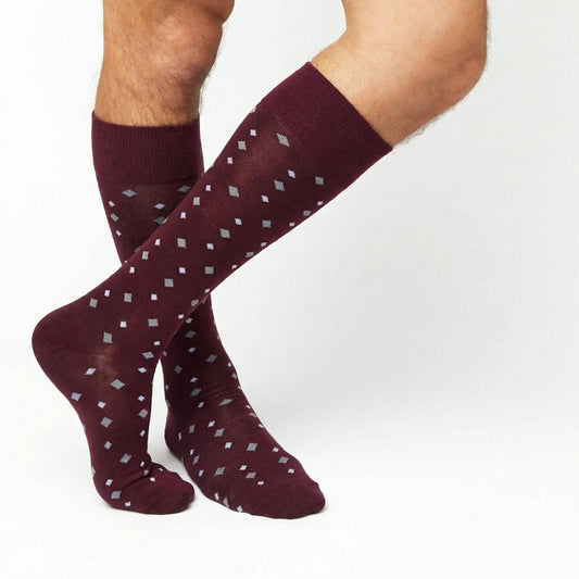 Boardroom dress socks DeadSoxy Weekly Sply 7-pack burgundy with blue diamond pattern on Tampa Home & Garden Store