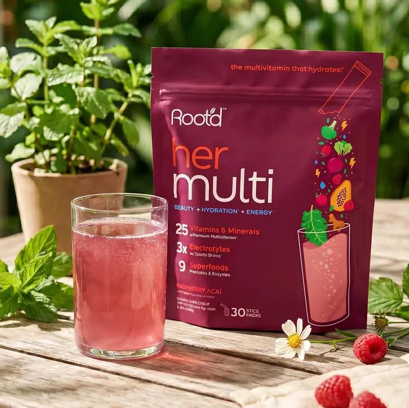 Root'd Advanced Daily Nutrition multivitamin magenta pouch beside pink smoothie glass on Tampa Home & Garden Store