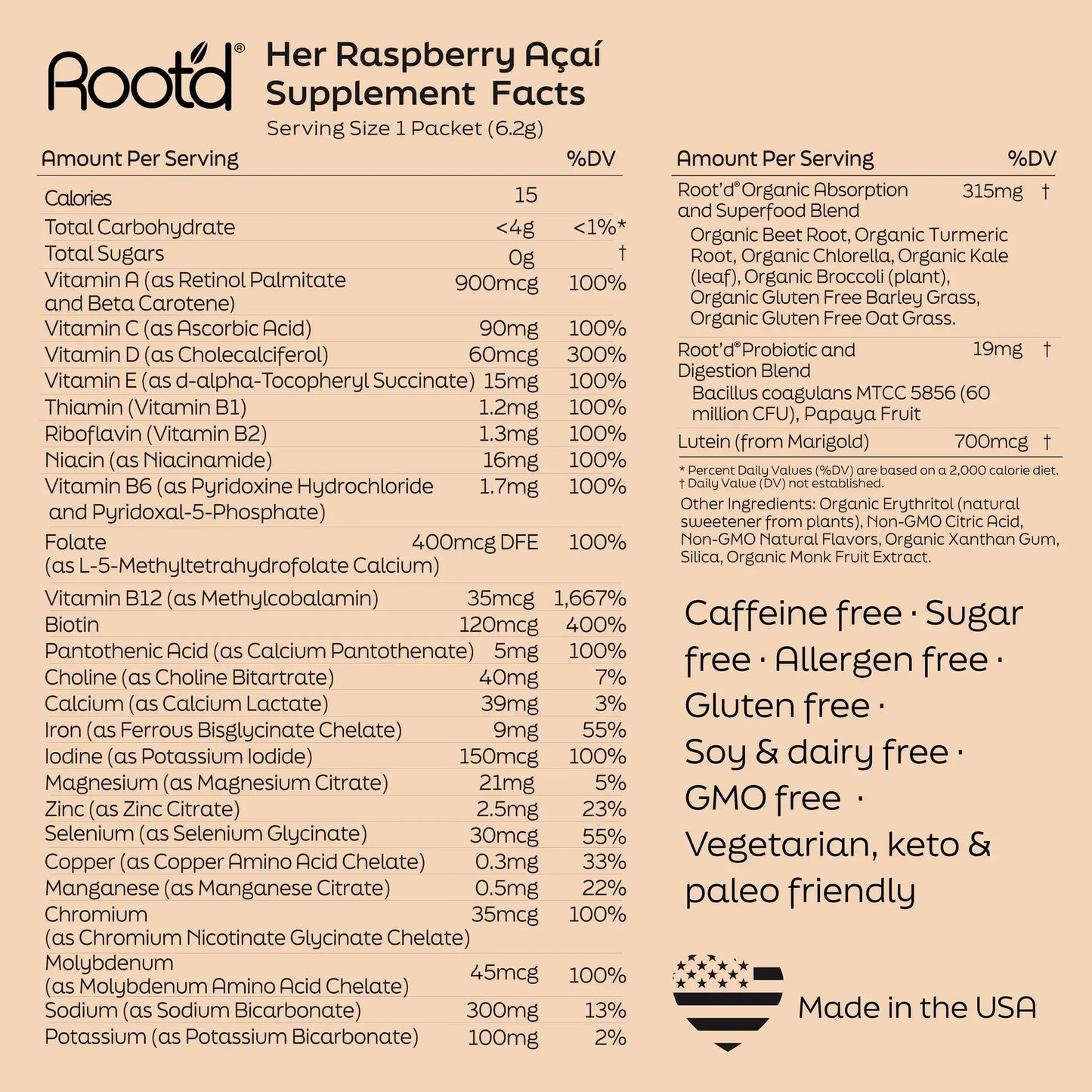 Multivitamin label: Root’d Couples’ Wellness Pack Hydrating for Her & Him with nutrition facts on Tampa Home & Garden Store