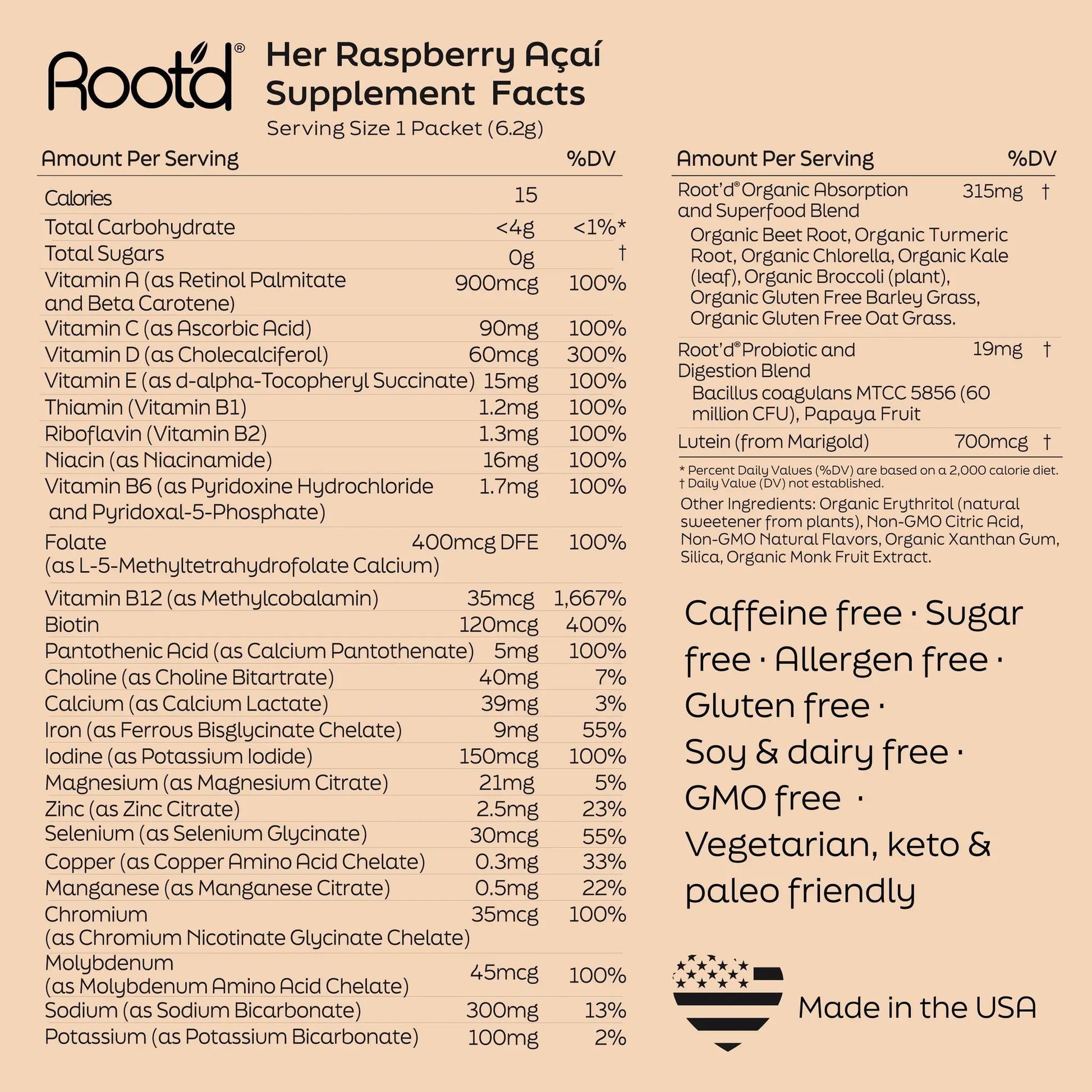 Multivitamin label: Root’d Couples’ Wellness Pack Hydrating for Her & Him with nutrition facts on Tampa Home & Garden Store