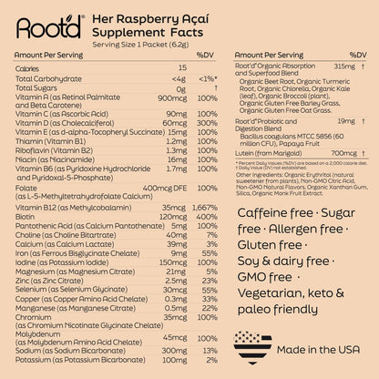 Multivitamin label: Root’d Couples’ Wellness Pack Hydrating for Her & Him with nutrition facts on Tampa Home & Garden Store