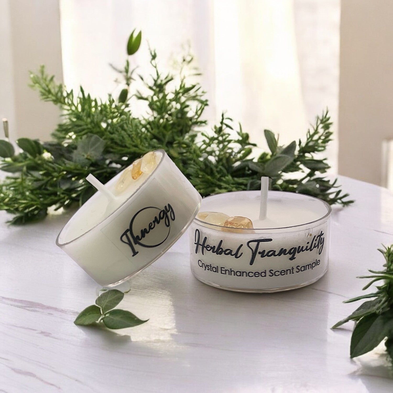 Herbal Tranquility, Premium Coconut-Soy Wax Tea Light Crystal Candle, 1oz - Tampa Home & Garden Store
