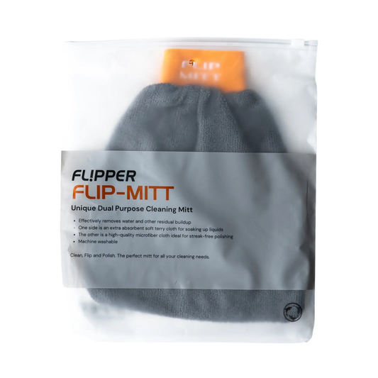 Flipper 2-in-1 Microfiber Aquarium Cleaning Mitt in clear bag with orange tag and gray cloth on Tampa Home & Garden Store