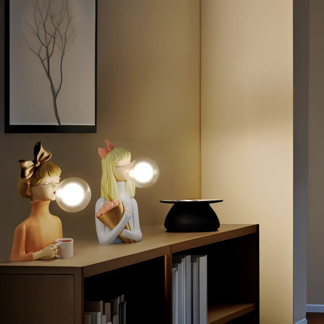 Parisian Bubble Girls Clear Glass LED Table Lamps by Moktan Sabai, pastel figures with bulbs on Tampa Home & Garden Store