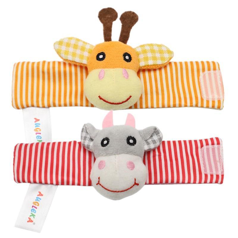 Stevvex infant wrist rattles with orange giraffe and gray donkey heads, 2-pack striped bands on Tampa Home & Garden Store
