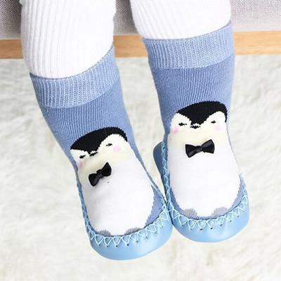 Newborn indoor sock shoes blue cotton baby socks with penguin faces and rubber soles pair on Tampa Home & Garden Store