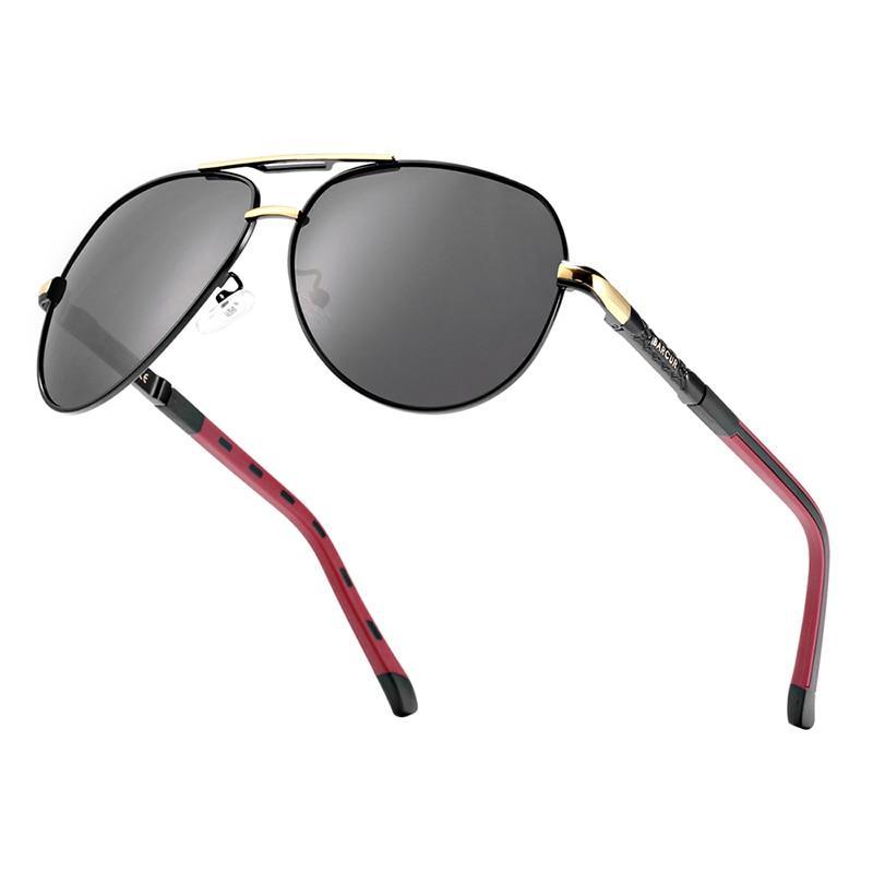 Stevvex polarized aviator sunglasses with black lenses and red temple arms on Tampa Home & Garden Store