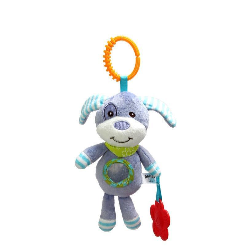 Stevvex plush dog baby rattle hanging toy with orange ring and blue striped ears on Tampa Home & Garden Store