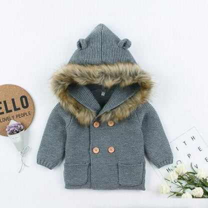 Unisex gray knit baby coat with hood, faux fur trim, two-button front, pockets, Stevvex on Tampa Home & Garden Store