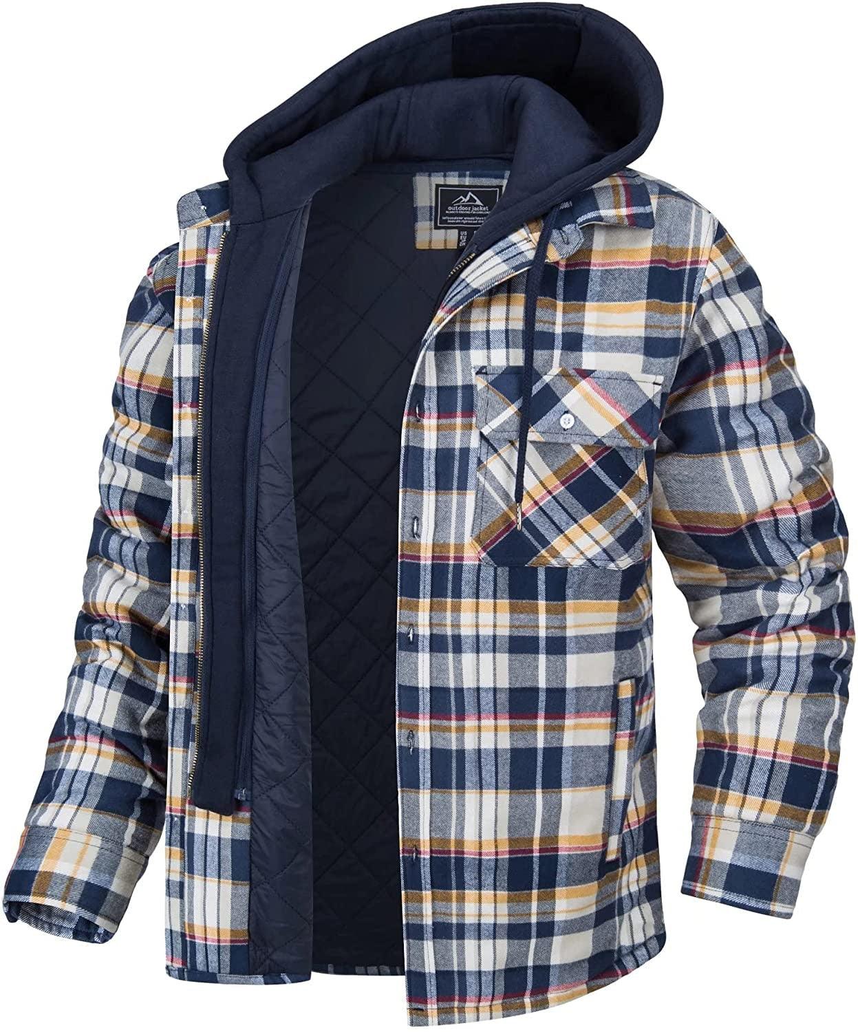 Men's plaid puffer jacket with removable navy hood, quilted lining, Stevvex on Tampa Home & Garden Store