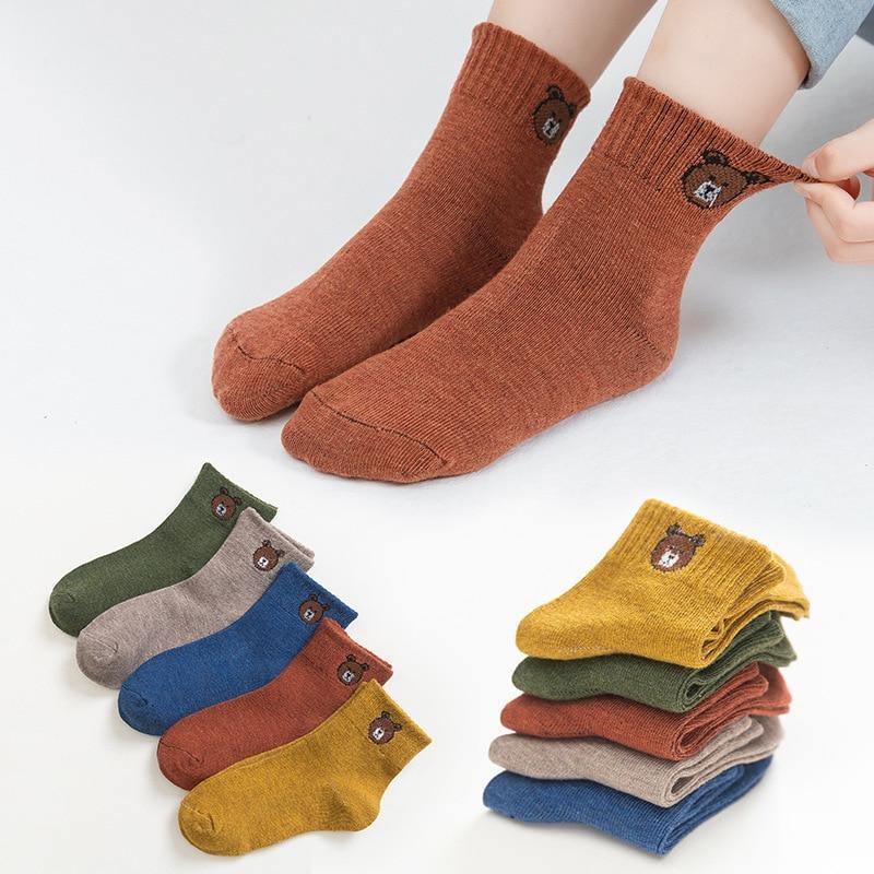 5-pair baby boys winter socks with cartoon bear, cotton, Stevvex brand, assorted colors on Tampa Home & Garden Store